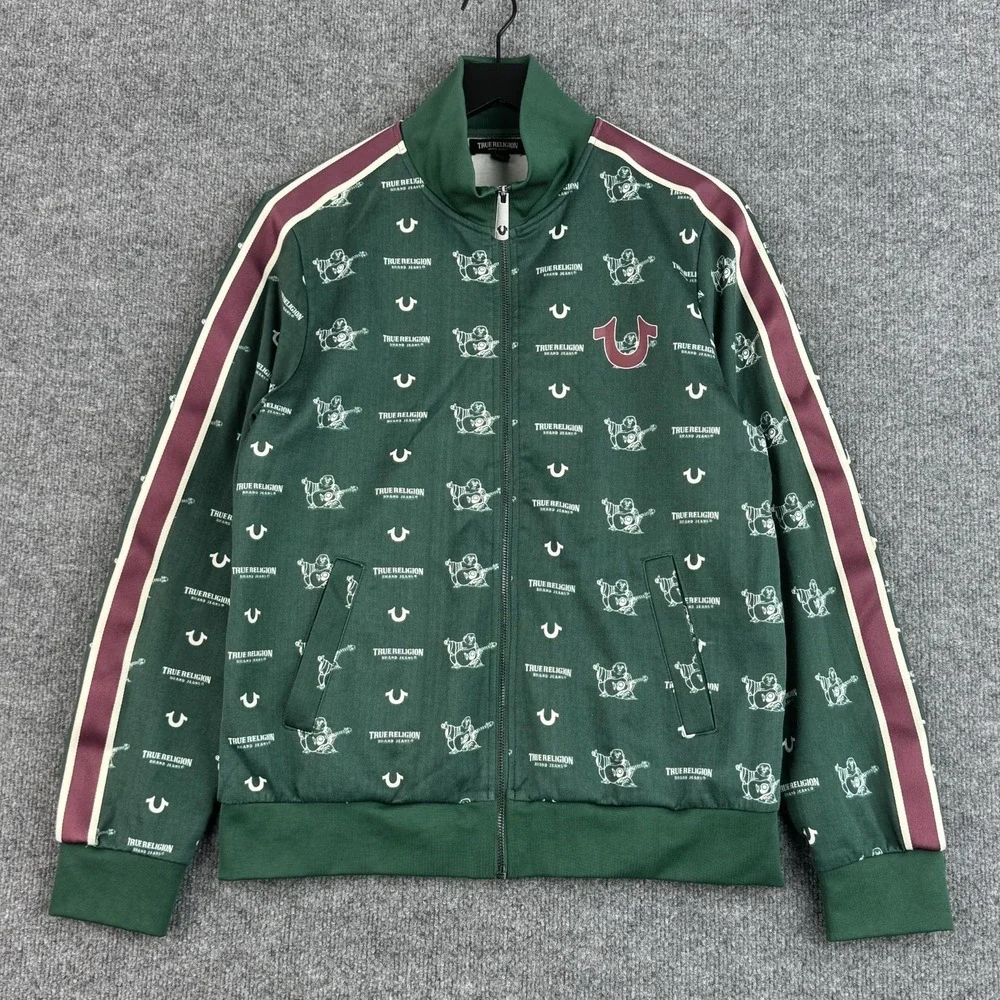 True Religion Track Jacket Mens S Green Monogram Buddha Logo Full Zip Stripe Y2K